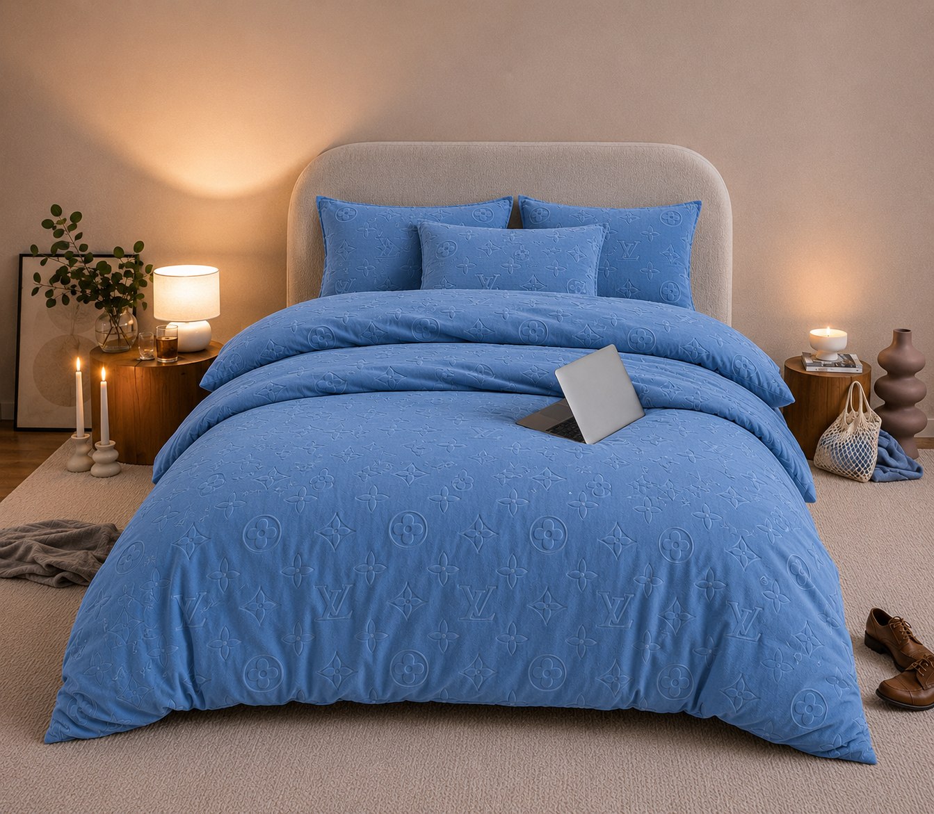 Monogram Luxe Milk  4 piece Velvet Bedding Set