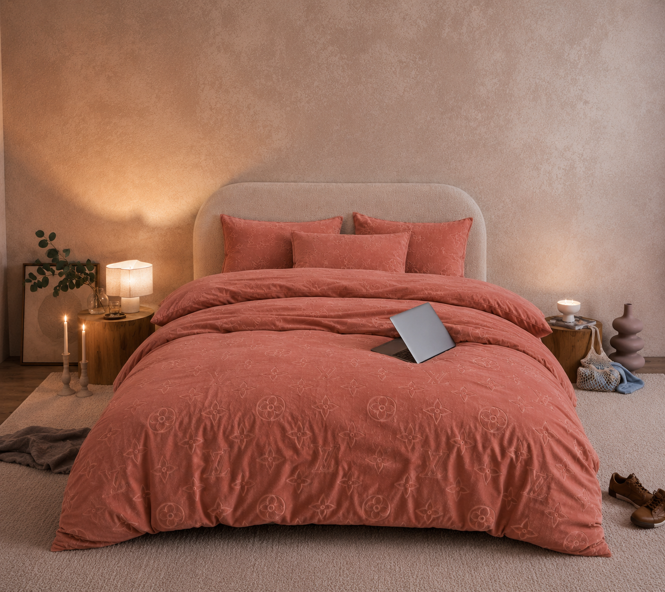 Monogram Luxe Milk  4 piece Velvet Bedding Set