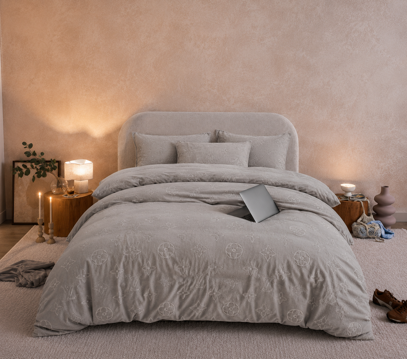 Monogram Luxe Milk  4 piece Velvet Bedding Set