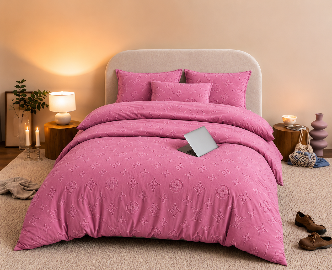 Monogram Luxe Milk  4 piece Velvet Bedding Set