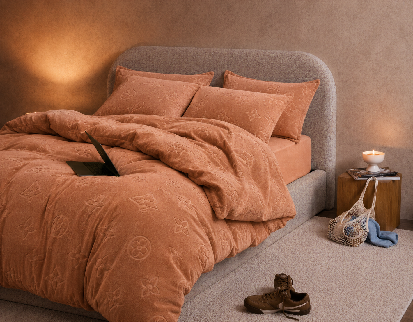 Monogram Luxe Milk  4 piece Velvet Bedding Set