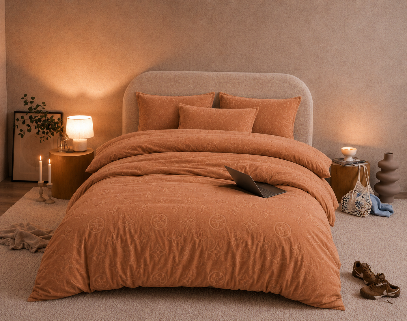 Monogram Luxe Milk  4 piece Velvet Bedding Set